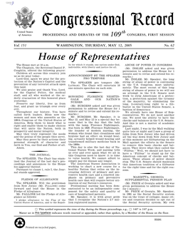 Congressional Record United States Th of America PROCEEDINGS and DEBATES of the 109 CONGRESS, FIRST SESSION