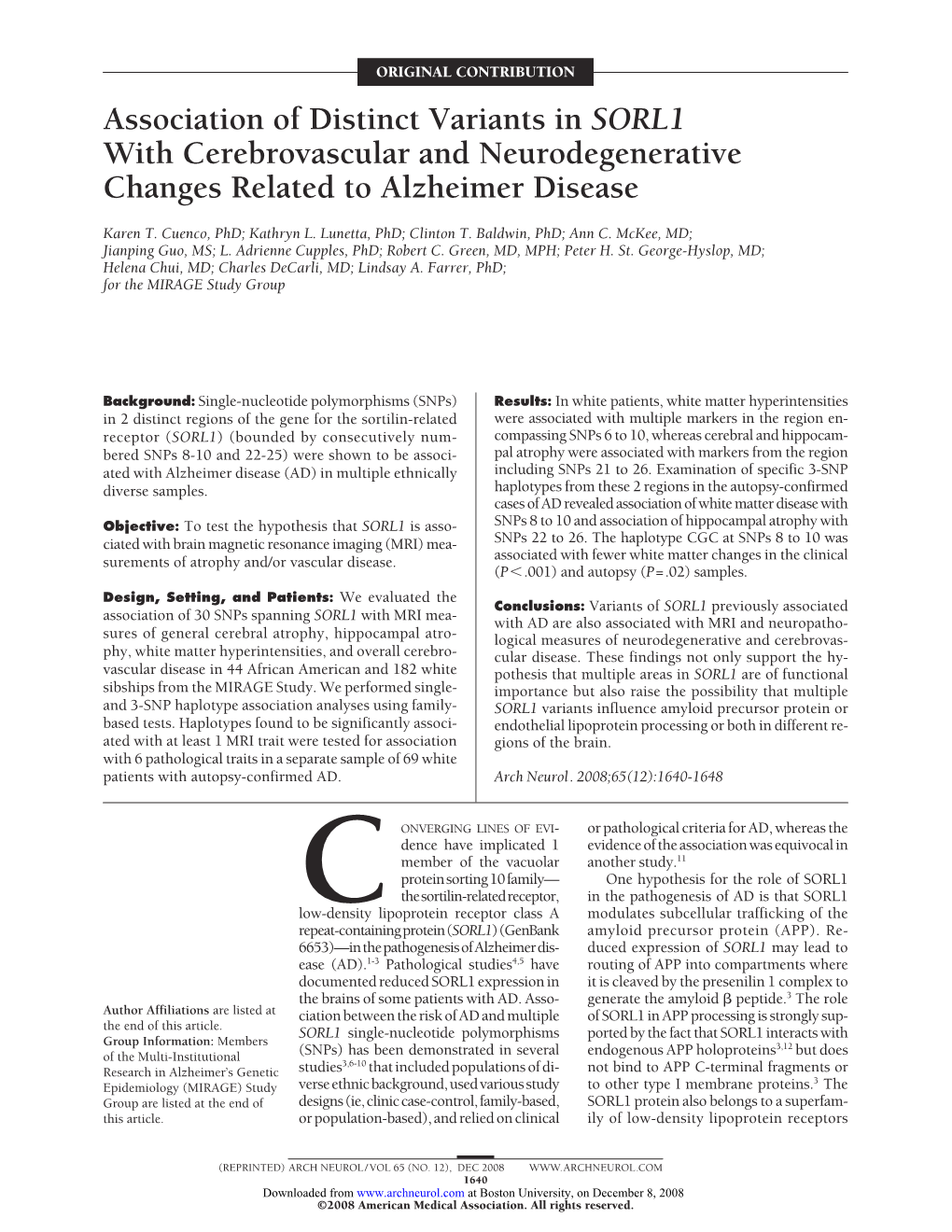 Association of Distinct Variants in SORL1 with Cerebrovascular and Neurodegenerative Changes Related to Alzheimer Disease