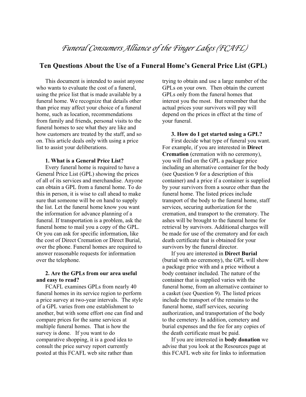 Ten Questions About the Use of a Funeral Home's General Price List