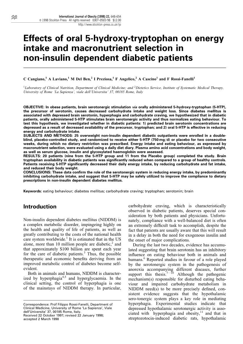 Effects of Oral 5-Hydroxy-Tryptophan on Energy Intake and Macronutrient Selection in Non-Insulin Dependent Diabetic Patients
