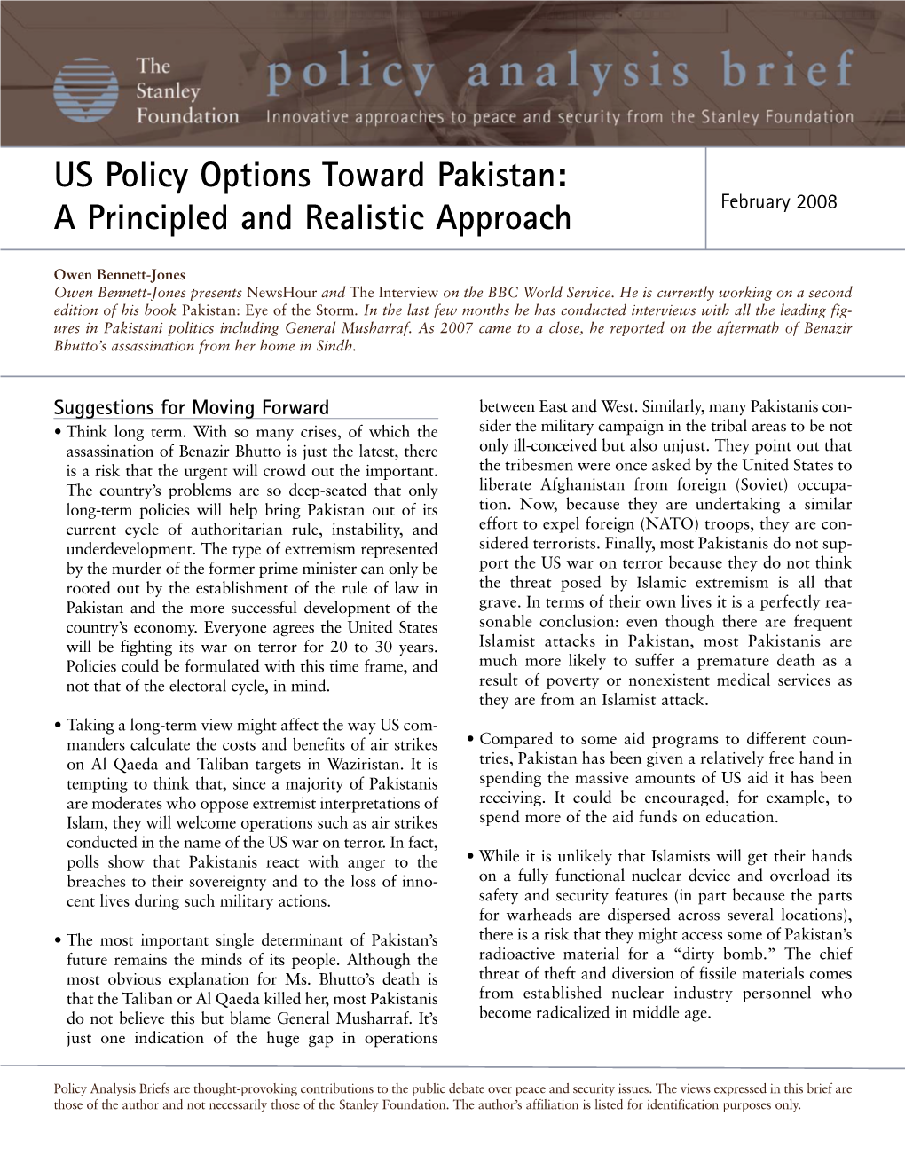 US Policy Options Toward Pakistan: a Principled and Realistic Approach February 2008