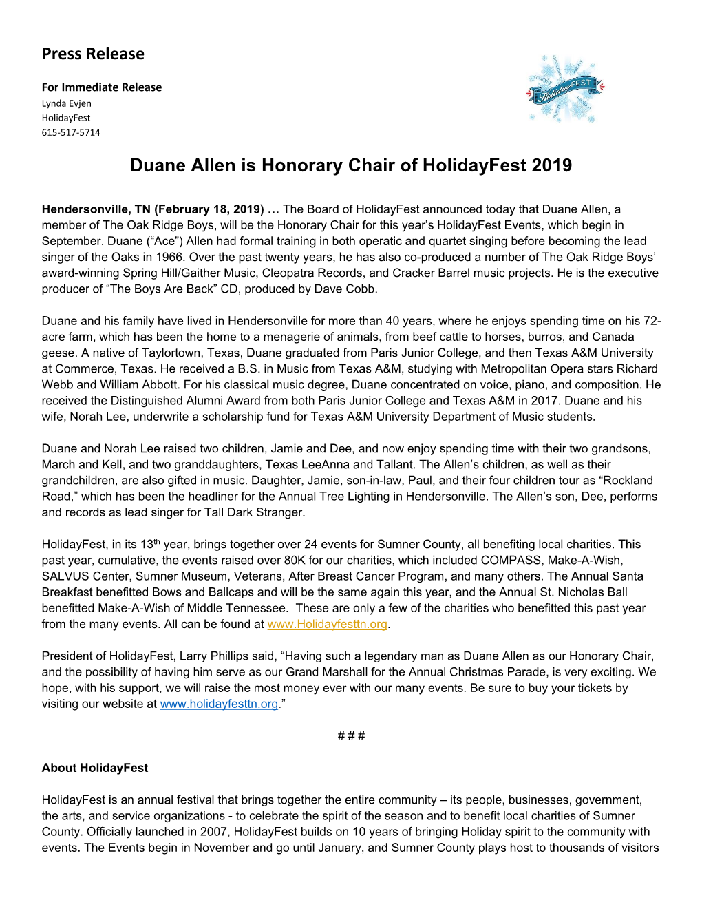 Press Release Duane Allen Is Honorary Chair of Holidayfest 2019