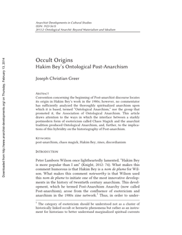 Occult Origins of Hakim Bey's Ontological Post-Anarchism