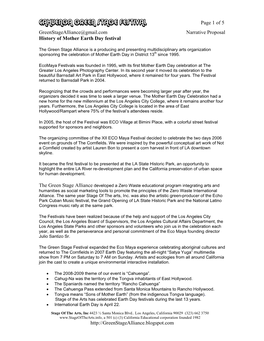 CAHUENGA GREEN STAGE FESTIVAL Page 1 of 5 Greenstagealliance@Gmail.Com Narrative Proposal History of Mother Earth Day Festival