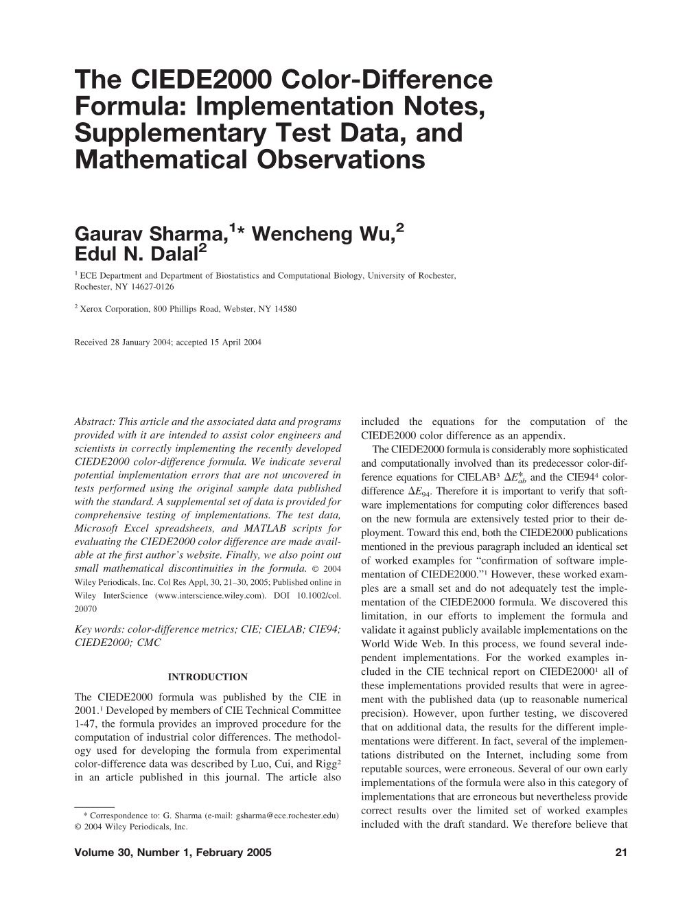 The CIEDE2000 Color-Difference Formula: Implementation Notes, Supplementary Test Data, and Mathematical Observations