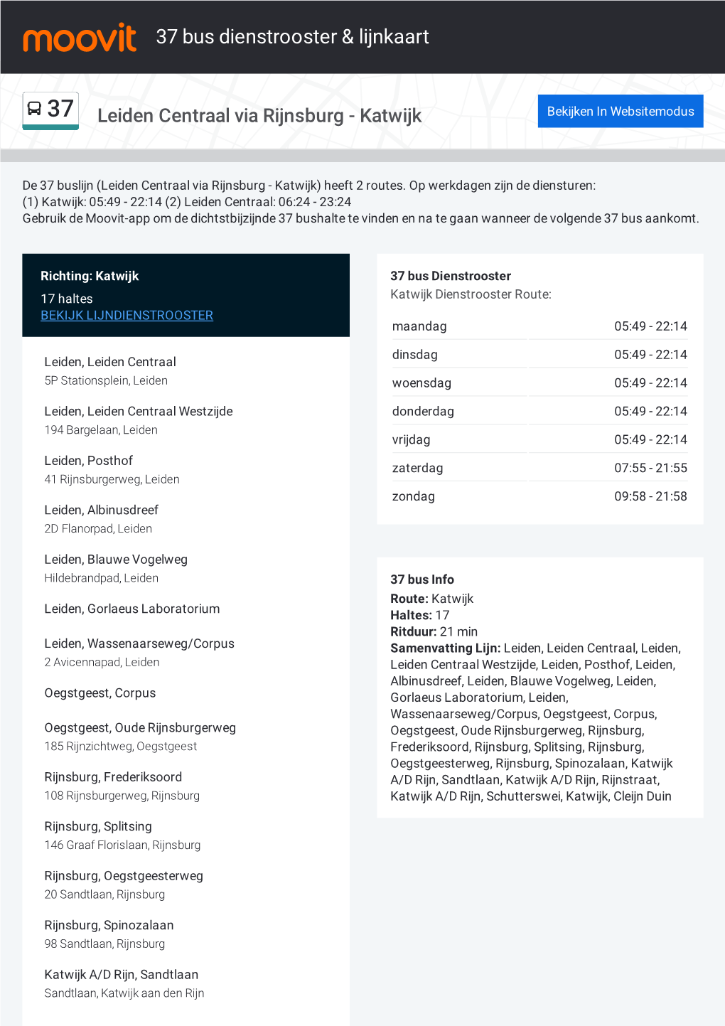 37 Bus Dienstrooster & Lijnroutekaart