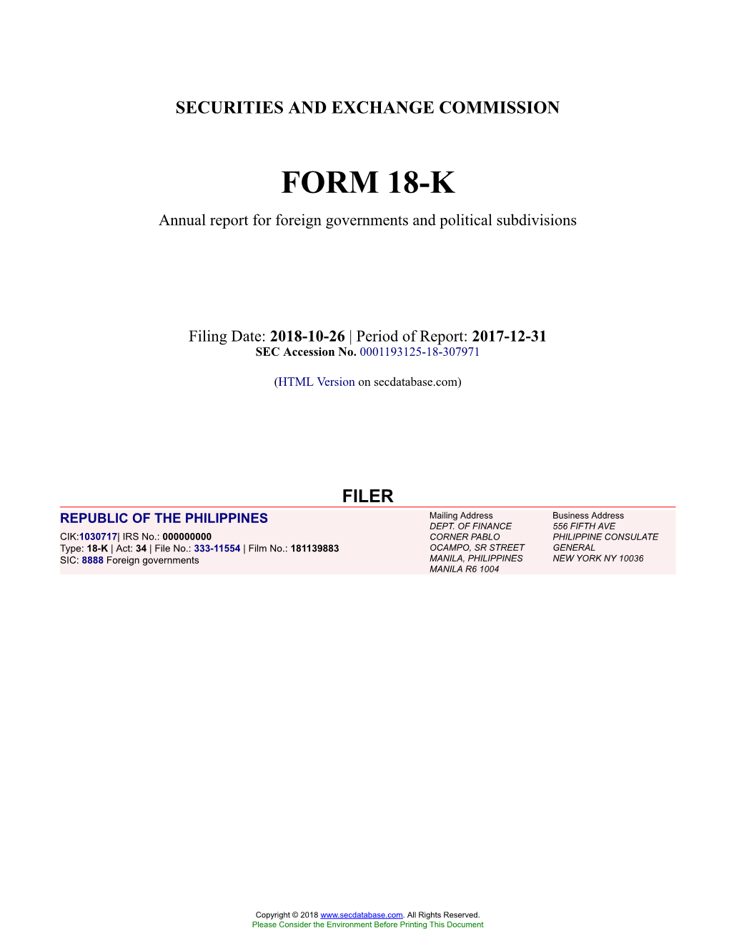 REPUBLIC of the PHILIPPINES Form 18-K Filed
