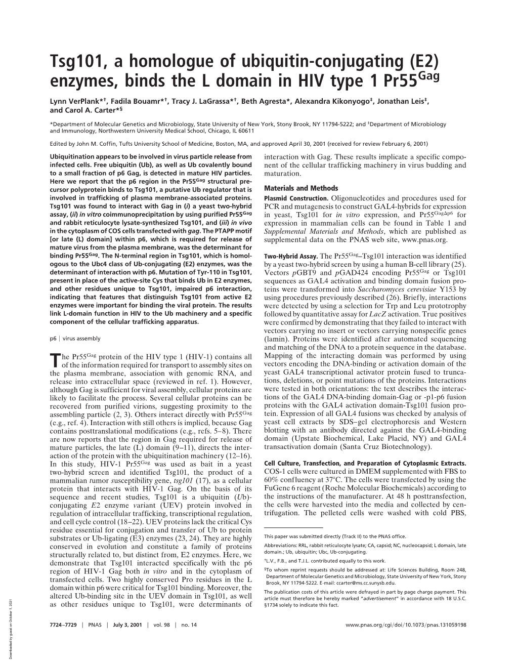 (E2) Enzymes, Binds the L Domain in HIV Type 1 Pr55gag