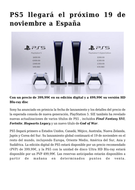 PS5 Llegará El Próximo 19 De Noviembre a España