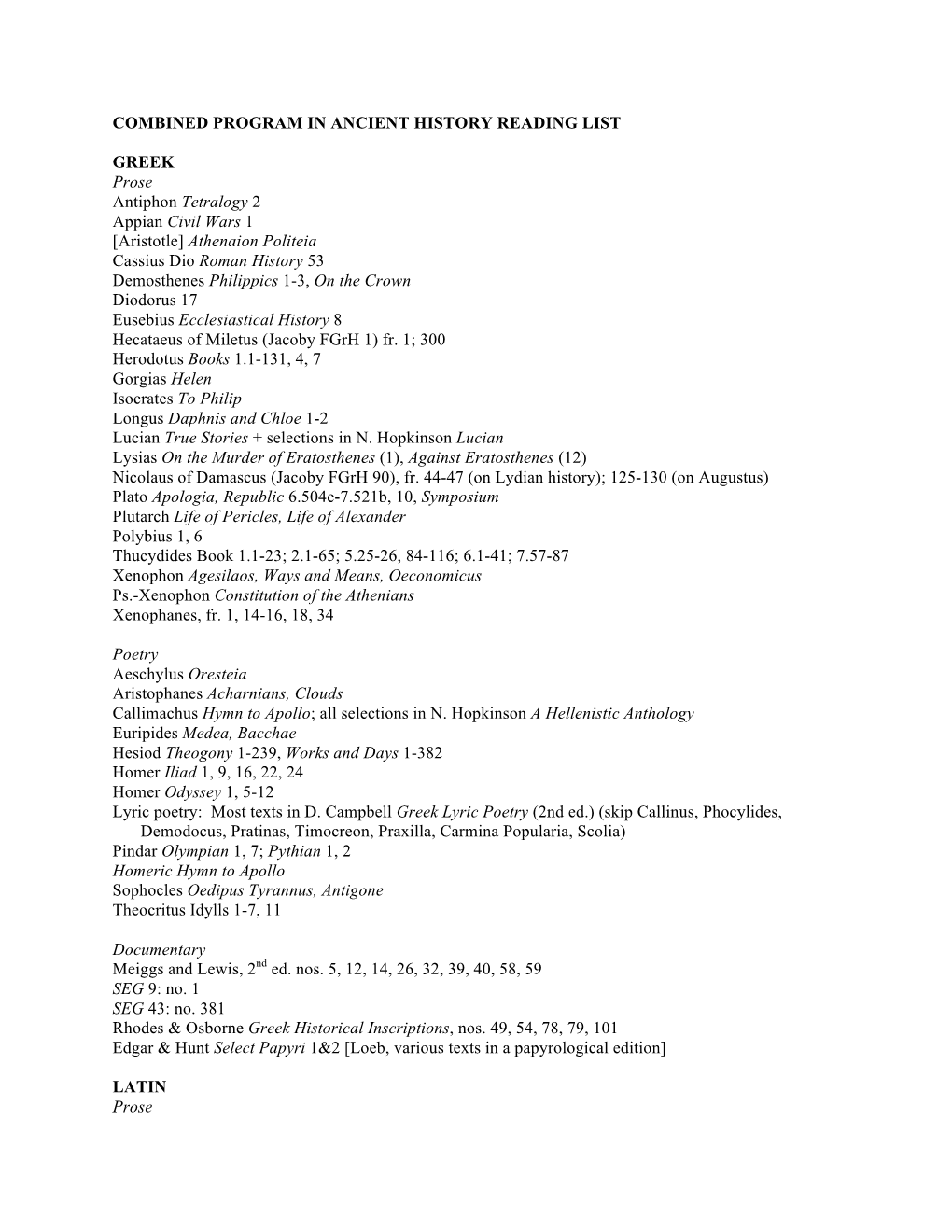 Finalcombined Program in Ancient History Reading List Rev