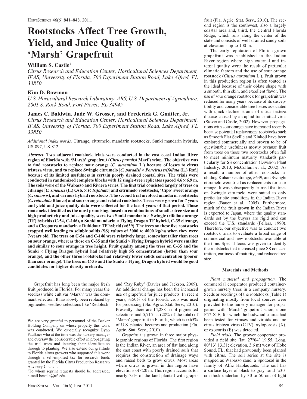 Rootstocks Affect Tree Growth, Yield, and Juice Quality of 'Marsh' Grapefruit