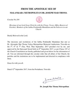 From the Apostolic See of Malankara Metropolitan Dr