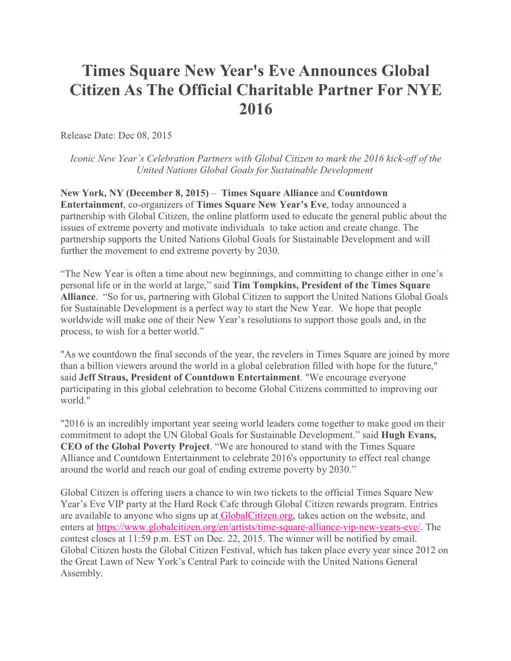 Times Square New Year's Eve Announces Global Citizen As the Official Charitable Partner for NYE 2016