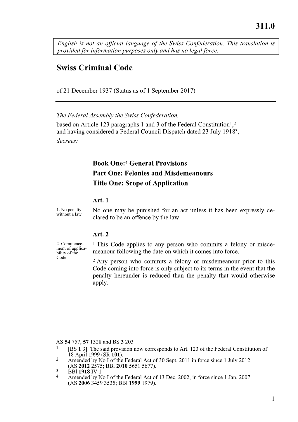 Swiss Criminal Code 311.0