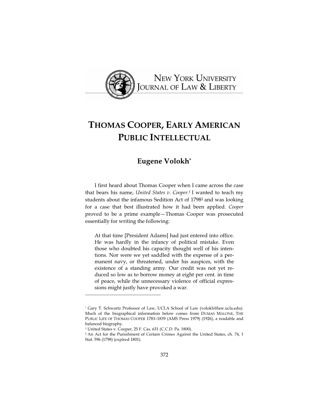Thomas Cooper, Early American Public Intellectual
