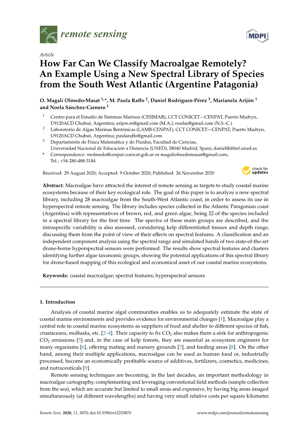 How Far Can We Classify Macroalgae Remotely? an Example Using a New Spectral Library of Species from the South West Atlantic (Argentine Patagonia)