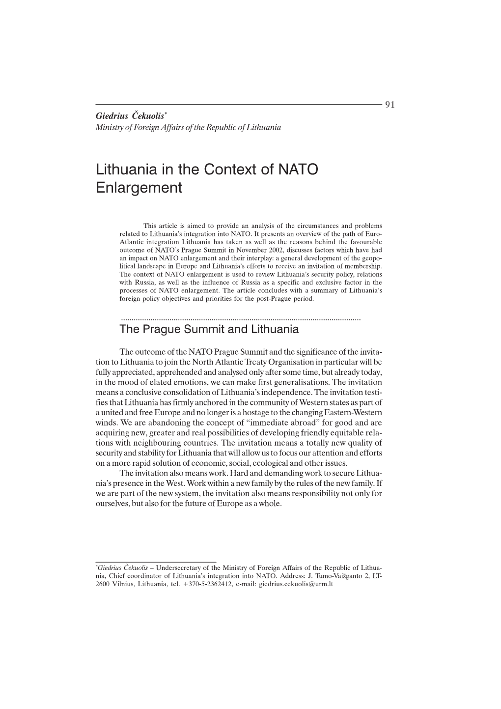 Lithuania in the Context of NATO Enlargement