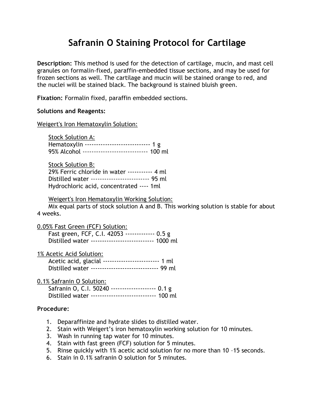 Safranin O Staining Protocol for Cartilage