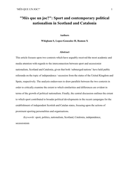 "Més Que Un Joc?": Sport and Contemporary Political Nationalism in Scotland and Catalonia