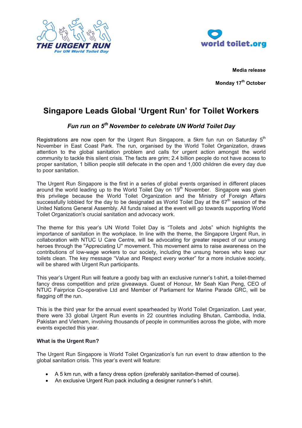 Singapore Leads Global 'Urgent Run' for Toilet Workers