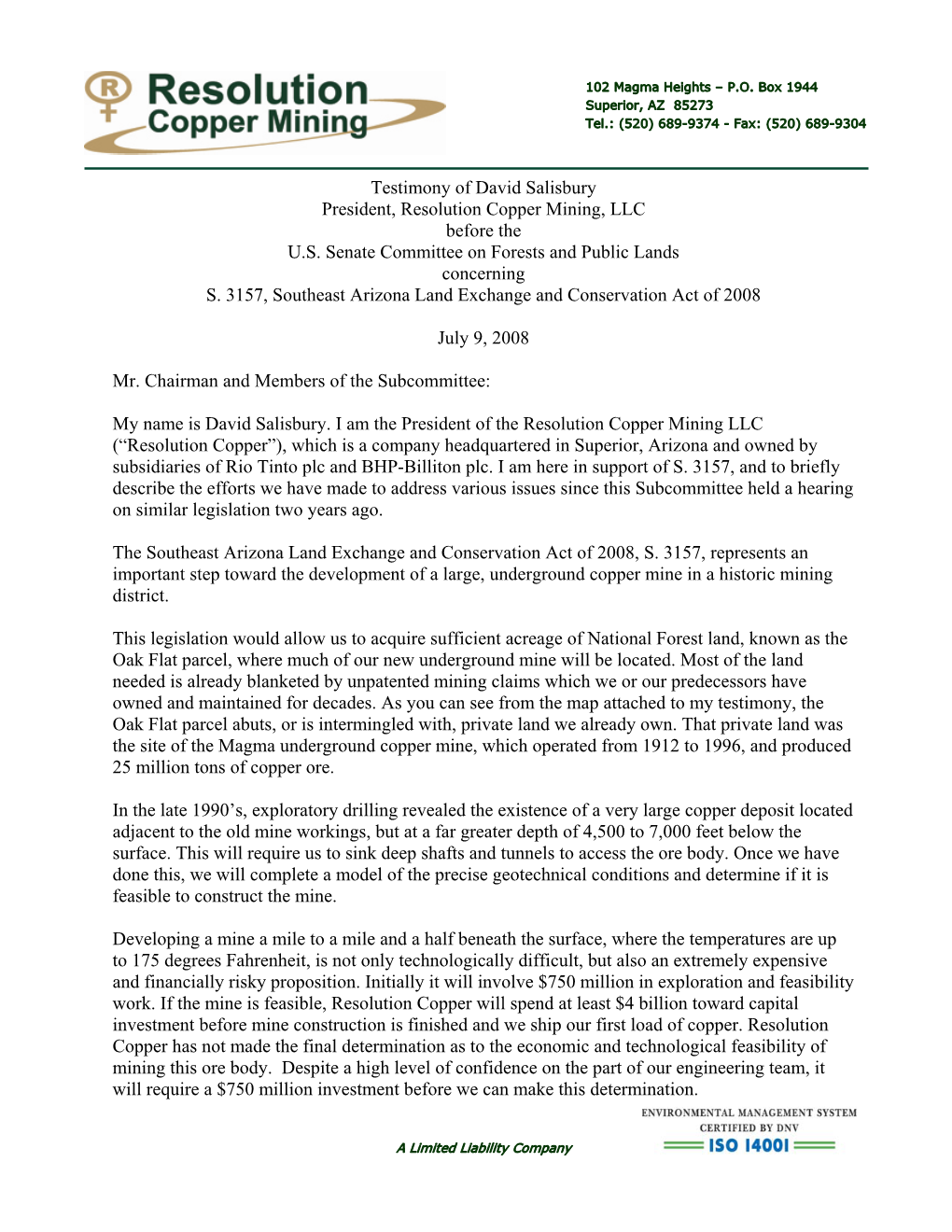Testimony of David Salisbury President, Resolution Copper Mining, LLC Before the U.S