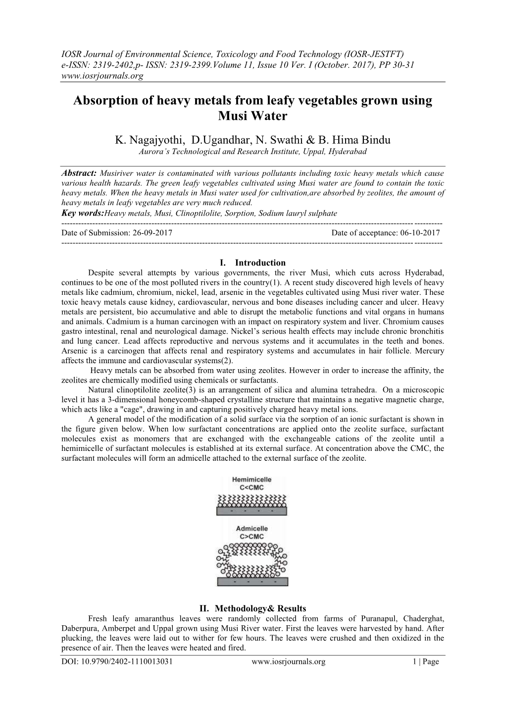 Absorption of Heavy Metals from Leafy Vegetables Grown Using Musi Water