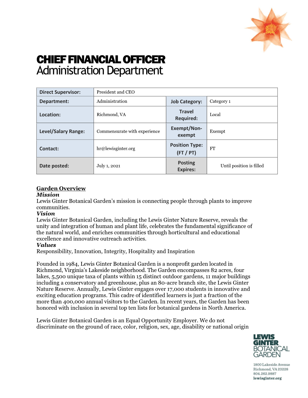 CHIEF FINANCIAL OFFICER Administration Department