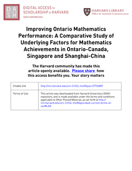 Improving Ontario Mathematics Performance: a Comparative Study of Underlying Factors for Mathematics Achievements in Ontario-Canada, Singapore and Shanghai-China