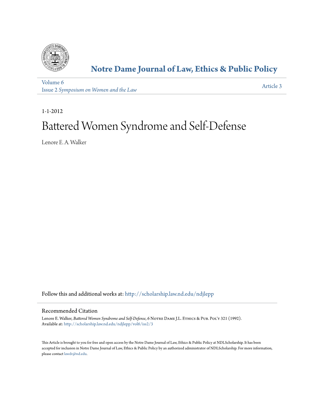 Battered Women Syndrome and Self-Defense Lenore E
