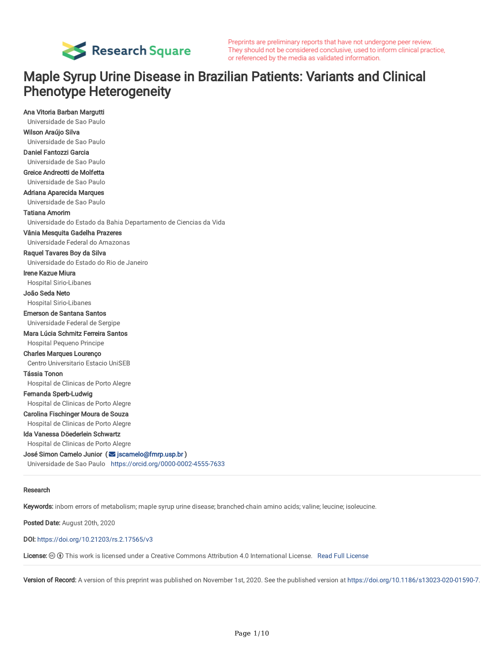 Maple Syrup Urine Disease in Brazilian Patients: Variants and Clinical Phenotype Heterogeneity