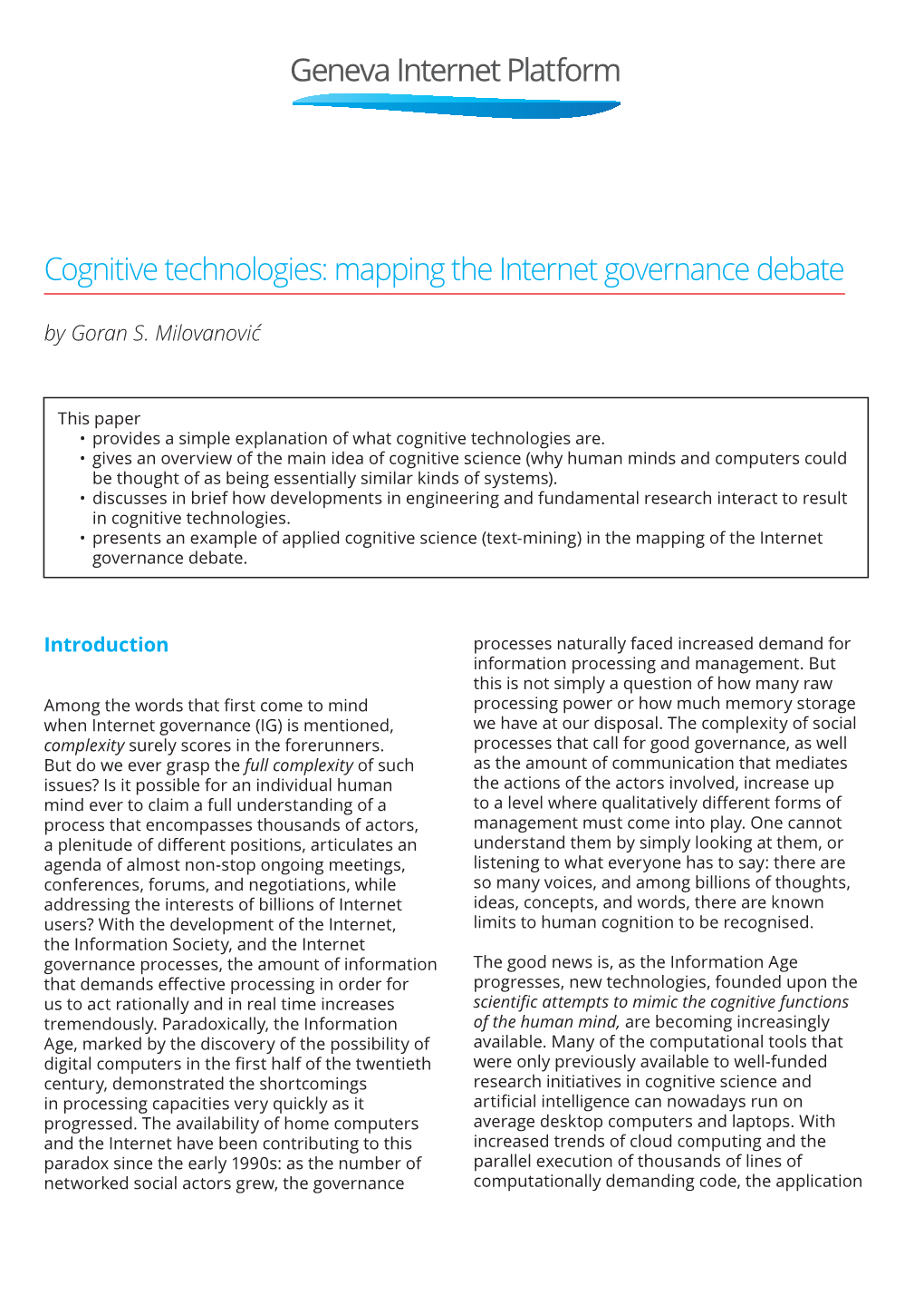 Cognitive Technologies: Mapping the Internet Governance Debate by Goran S
