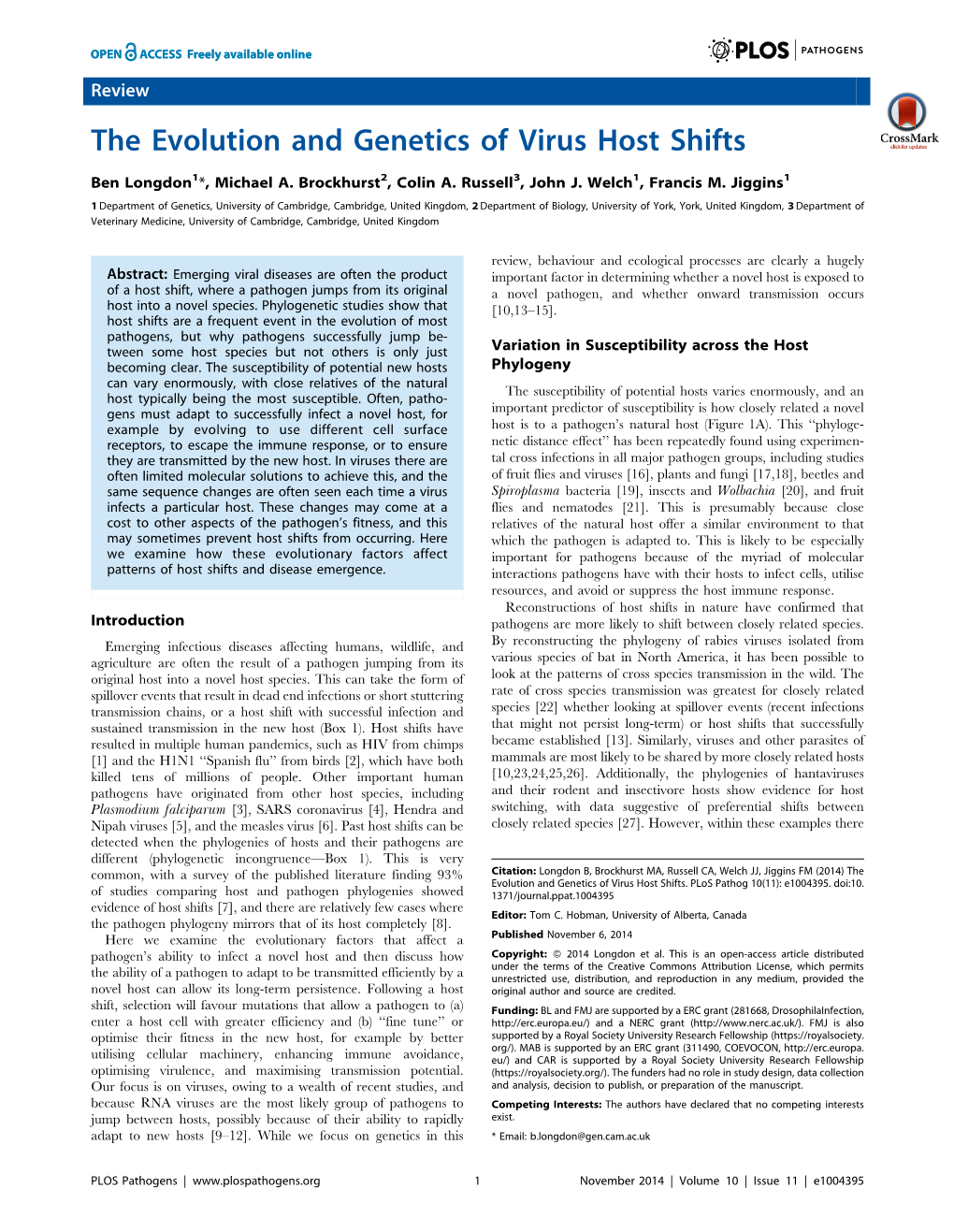 The Evolution and Genetics of Virus Host Shifts