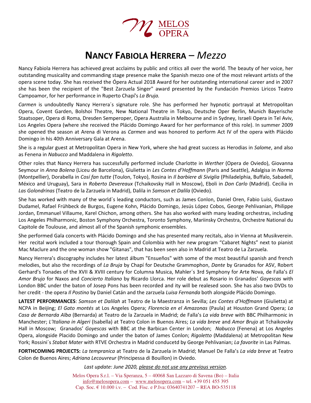NANCY FABIOLA HERRERA – Mezzo Nancy Fabiola Herrera Has Achieved Great Acclaims by Public and Critics All Over the World