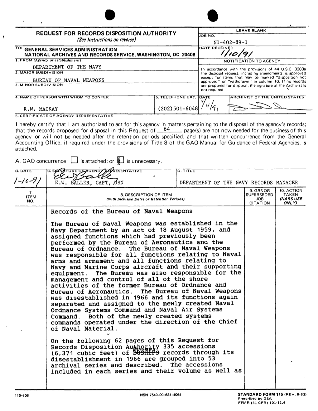 Bureau of Naval Weapons Stored at the Washington National Records