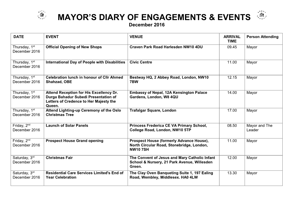 Mayor's Diary of Engagements & Events