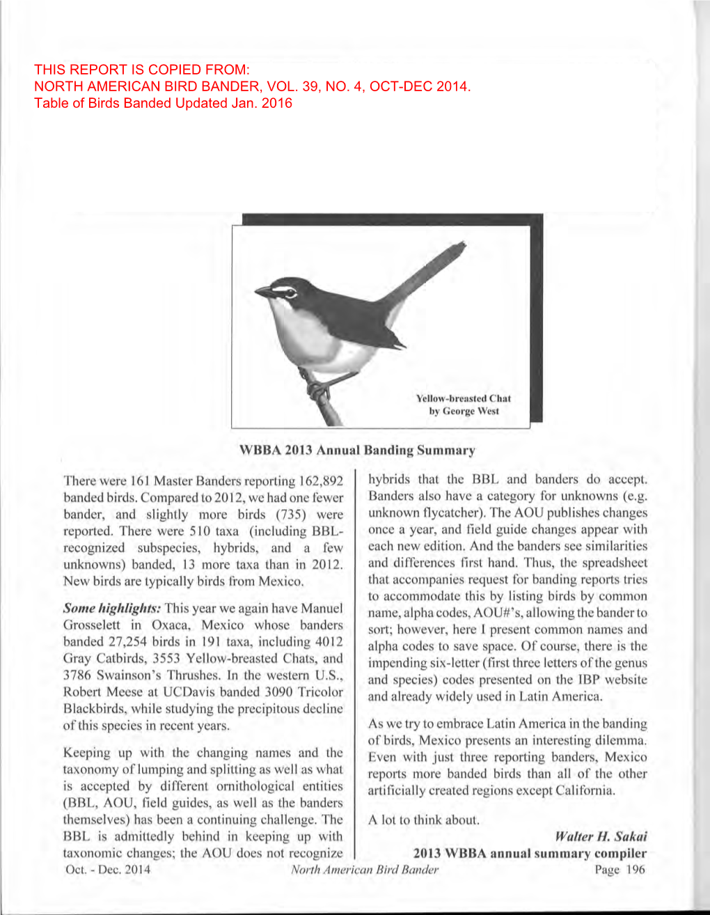 This Report Is Copied From: North American Bird