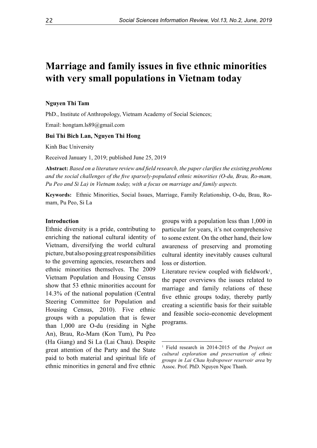 Marriage and Family Issues in Five Ethnic Minorities with Very Small