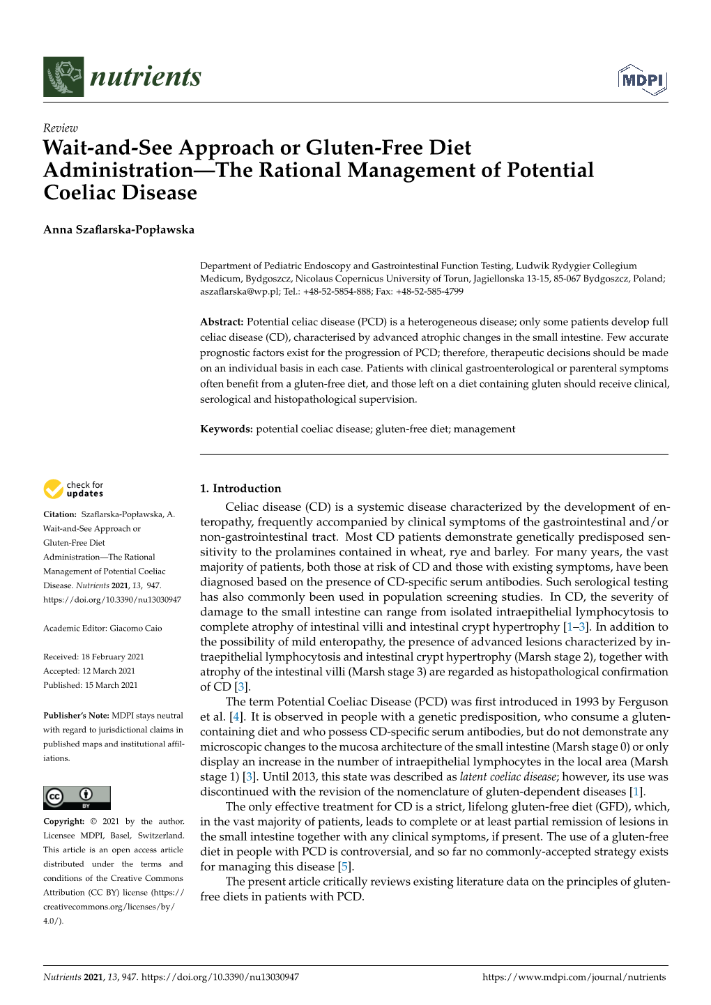 Wait-And-See Approach Or Gluten-Free Diet Administration—The Rational Management of Potential Coeliac Disease