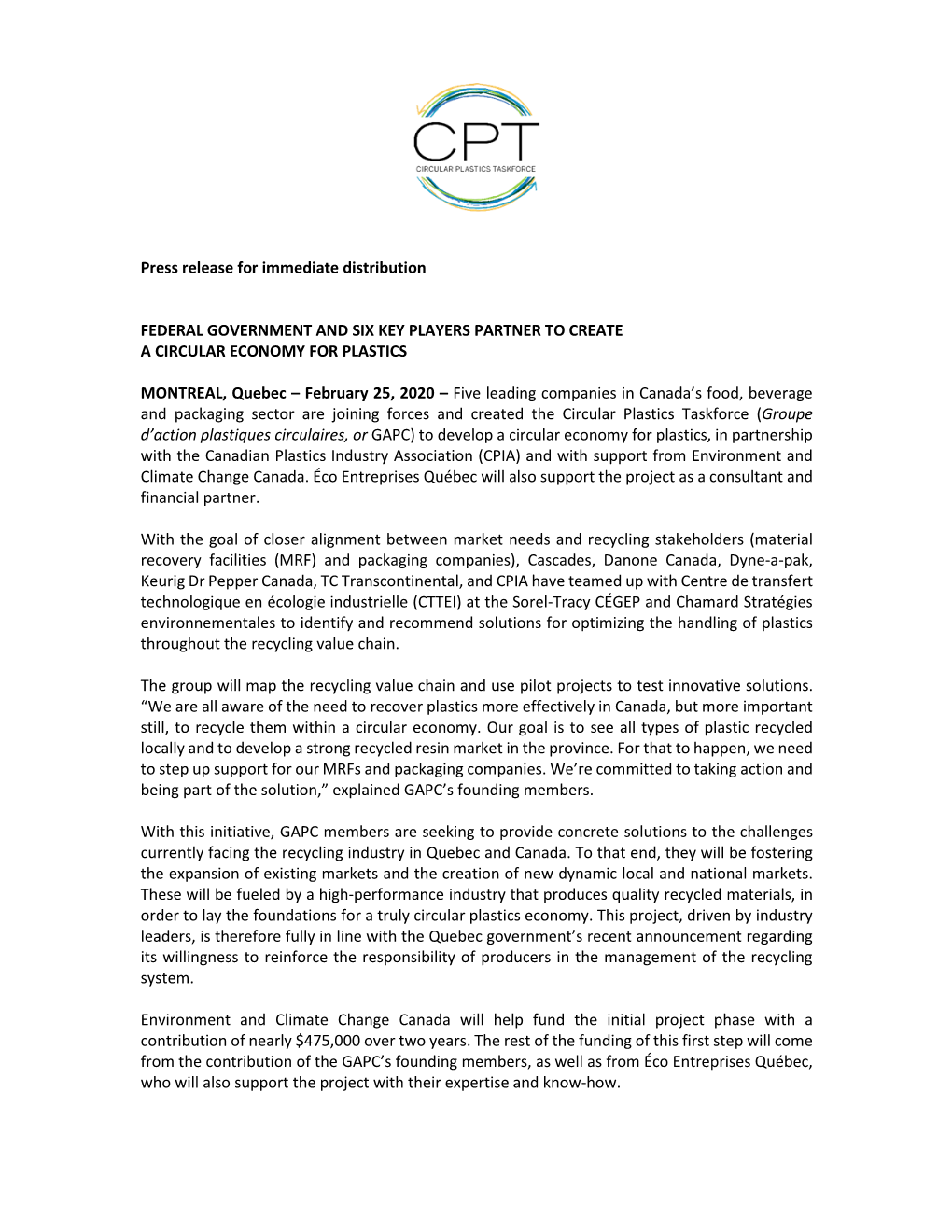 Press Release for Immediate Distribution FEDERAL