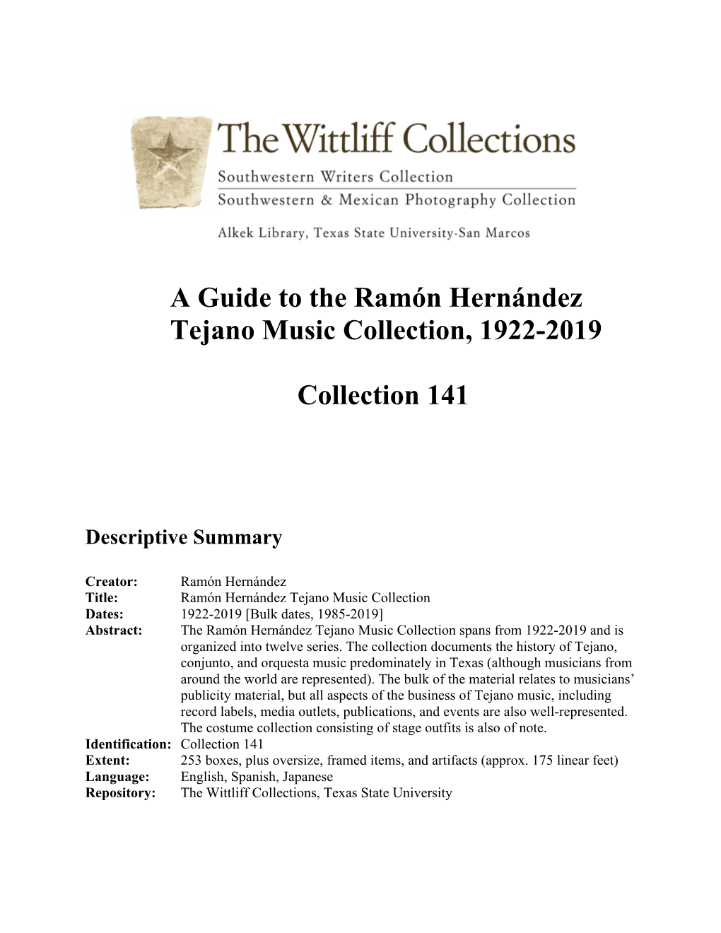 A Guide to the Ramón Hernández Tejano Music Collection, 1922-2019