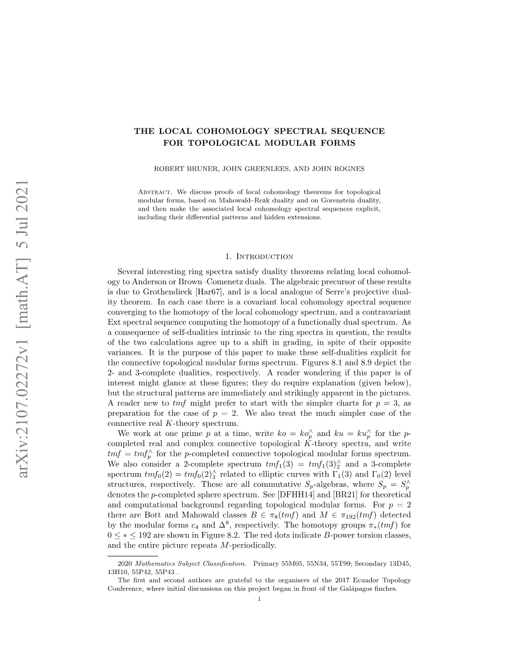 Arxiv:2107.02272V1 [Math.AT] 5 Jul 2021 Spectrum Tmf0(2) = Tmf0(2)3∧ Related to Elliptic Curves with Γ1(3) and Γ0(2) Level Structures, Respectively