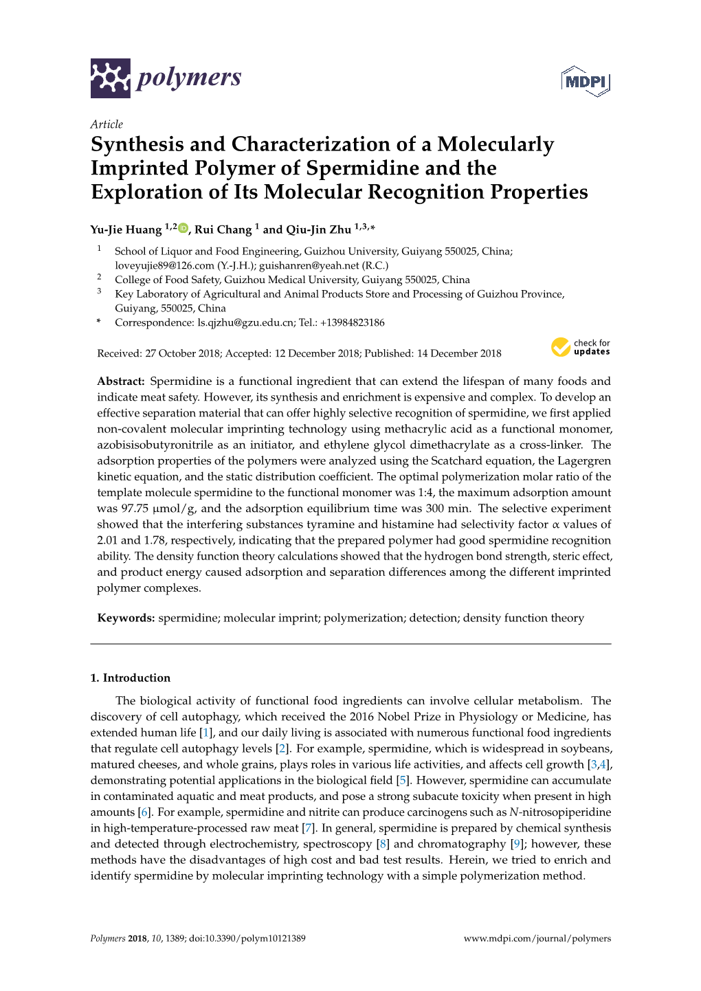 Synthesis and Characterization of a Molecularly Imprinted Polymer of Spermidine and the Exploration of Its Molecular Recognition Properties