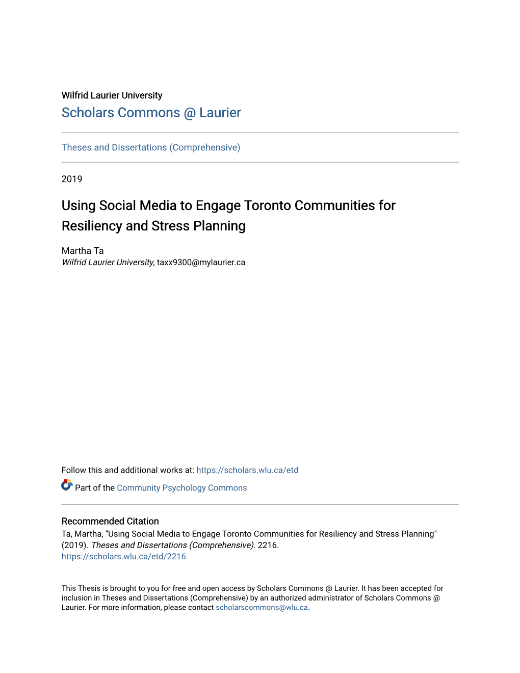 Using Social Media to Engage Toronto Communities for Resiliency and Stress Planning