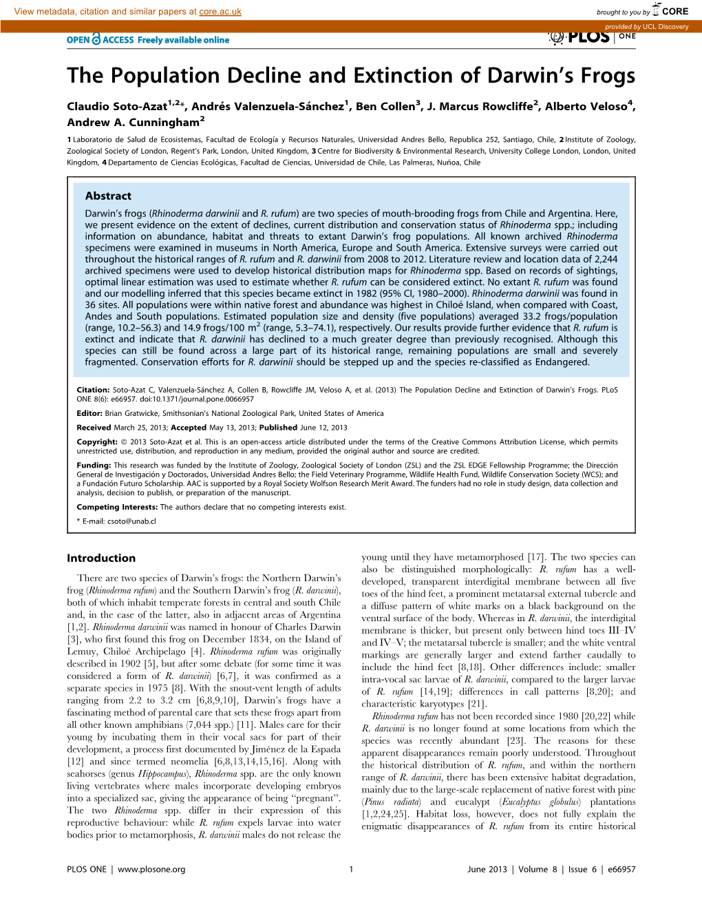 The Population Decline and Extinction of Darwin's Frogs