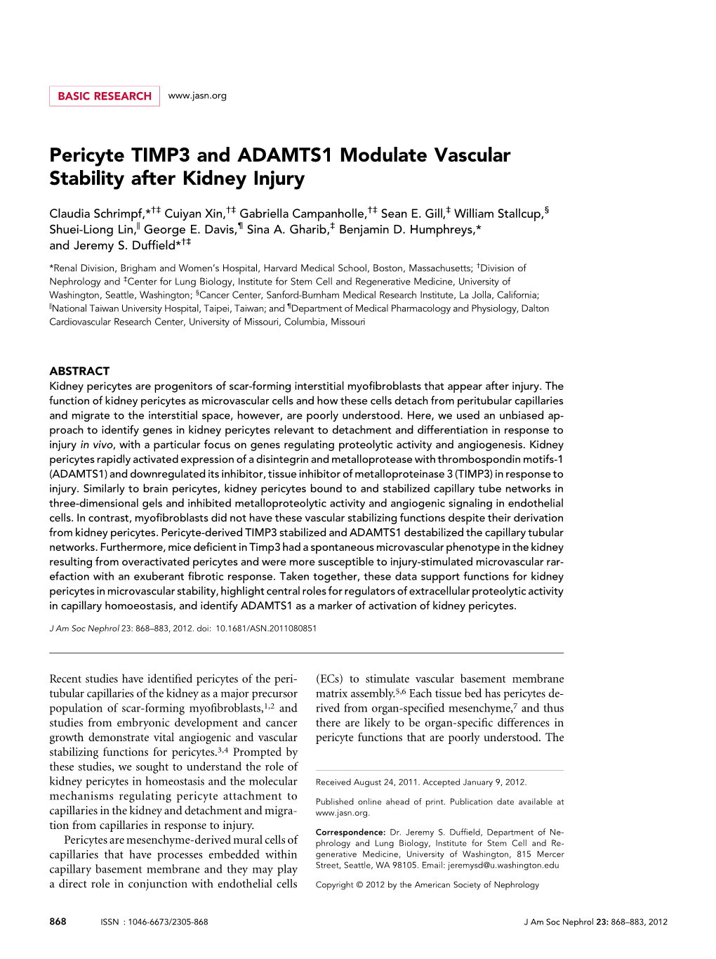 Pericyte TIMP3 and ADAMTS1 Modulate Vascular Stability After Kidney Injury