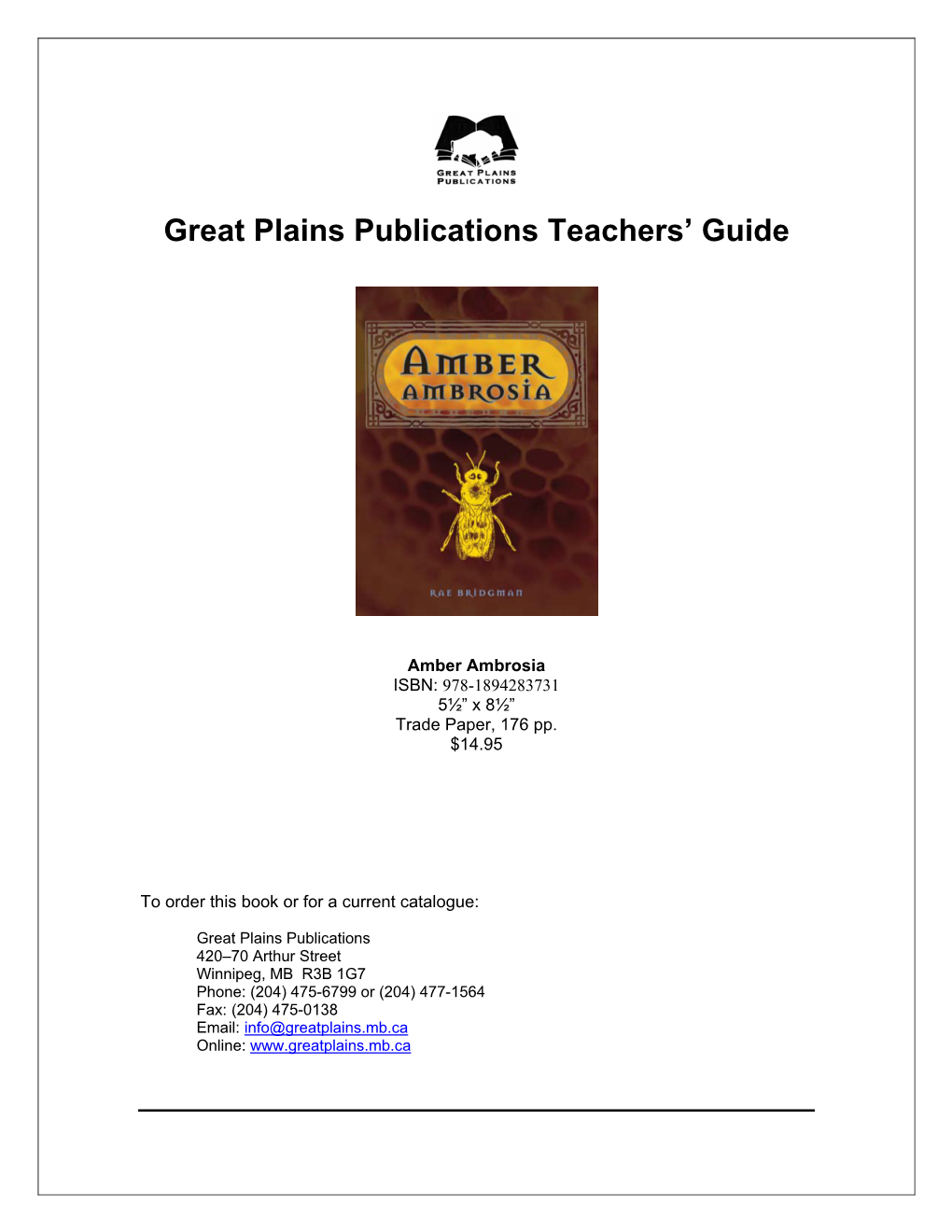 Great Plains Publications Teachers' Guide