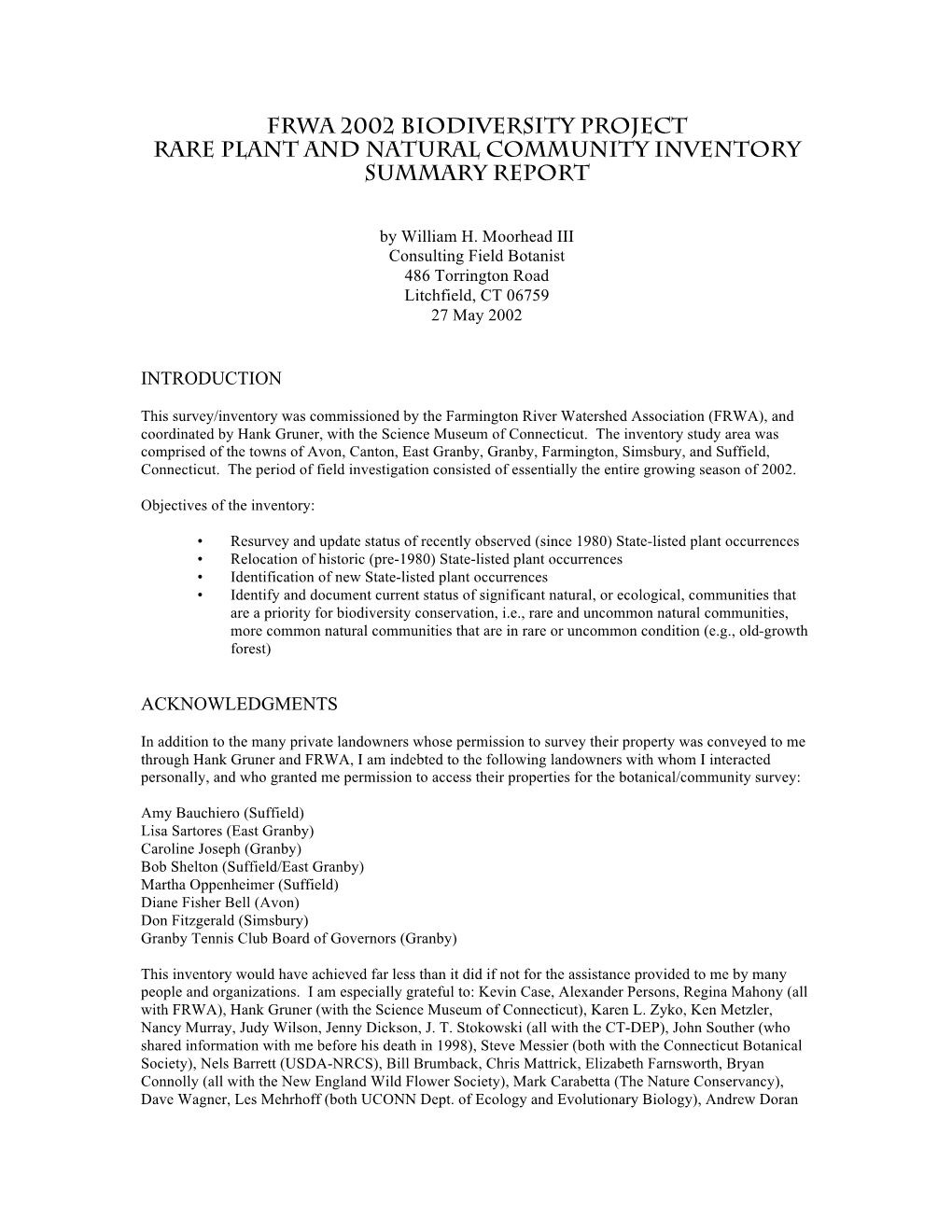 FRWA 2002 Biodiversity Project Rare Plant and Natural Community Inventory Summary Report