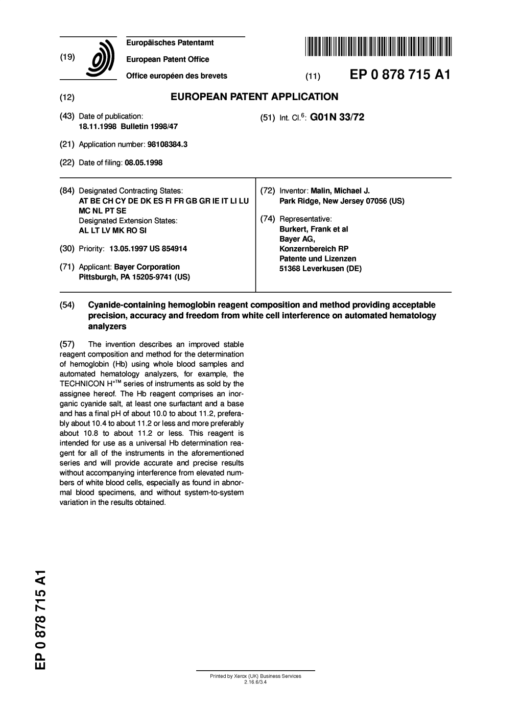 Cyanide-Containing Hemoglobin Reagent Composition and Method