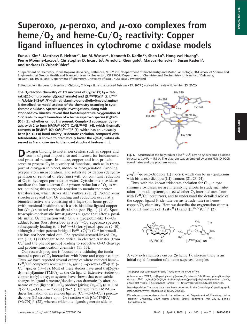 Superoxo, -Peroxo, and -Oxo Complexes from SPECIAL FEATURE Heme͞o2 and Heme-Cu͞o2 Reactivity: Copper Ligand Influences in Cytochrome C Oxidase Models