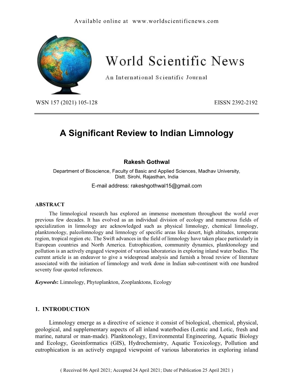 A Significant Review to Indian Limnology